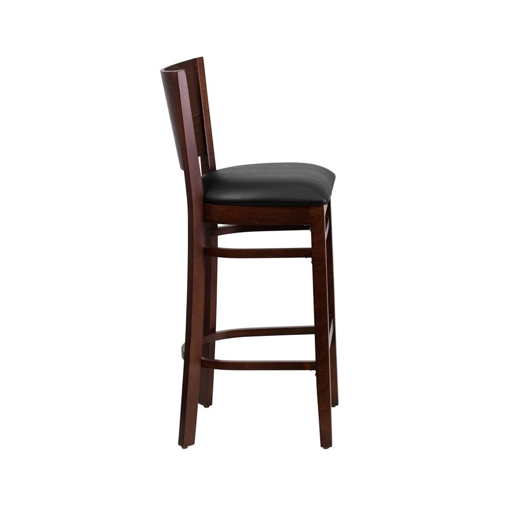 Lacey Series Solid Back Walnut Wood Restaurant Barstool - Black Vinyl Seat