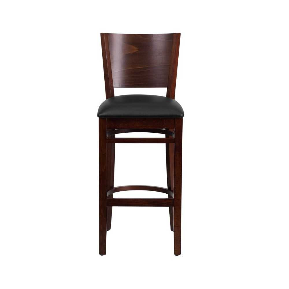 Lacey Series Solid Back Walnut Wood Restaurant Barstool - Black Vinyl Seat