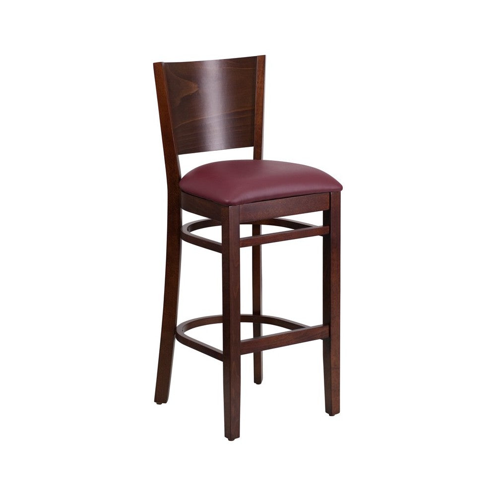 Lacey Series Solid Back Walnut Wood Restaurant Barstool - Burgundy Vinyl Seat