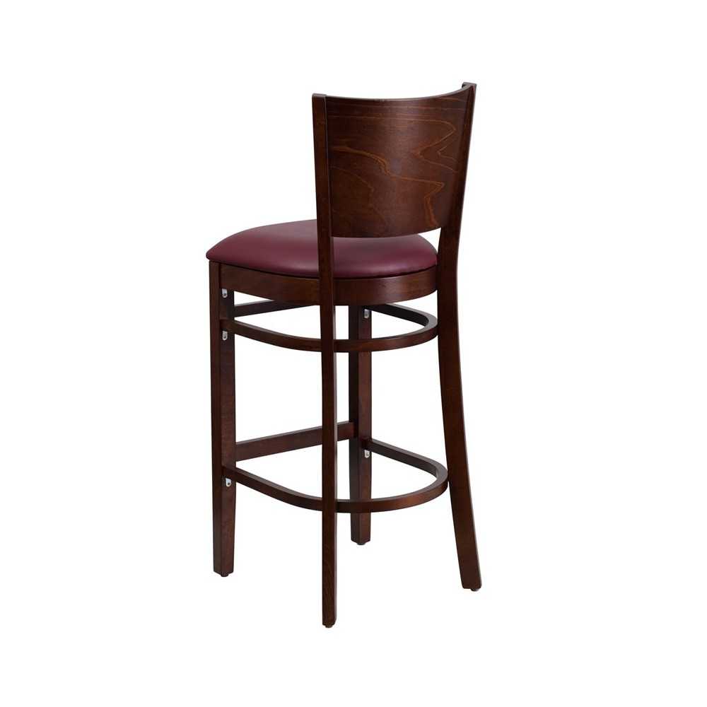Lacey Series Solid Back Walnut Wood Restaurant Barstool - Burgundy Vinyl Seat