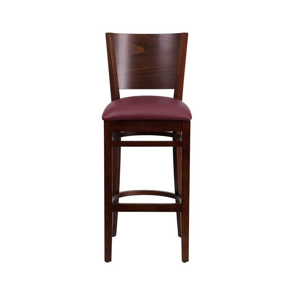 Lacey Series Solid Back Walnut Wood Restaurant Barstool - Burgundy Vinyl Seat