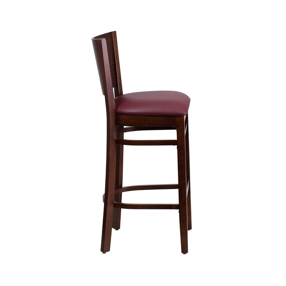 Lacey Series Solid Back Walnut Wood Restaurant Barstool - Burgundy Vinyl Seat
