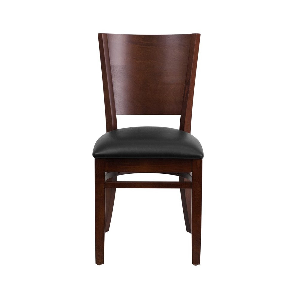 Lacey Series Solid Back Walnut Wood Restaurant Chair - Black Vinyl Seat
