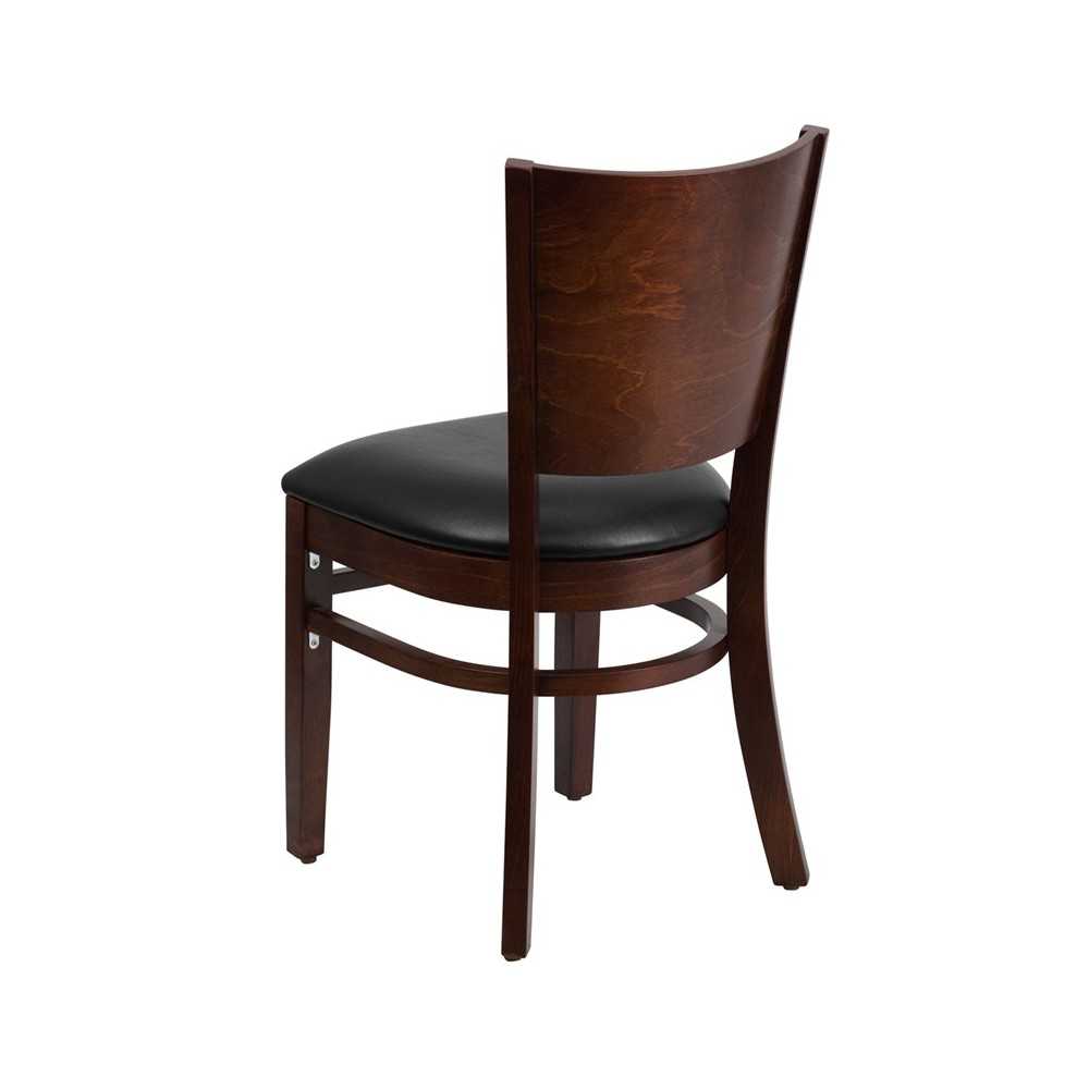 Lacey Series Solid Back Walnut Wood Restaurant Chair - Black Vinyl Seat
