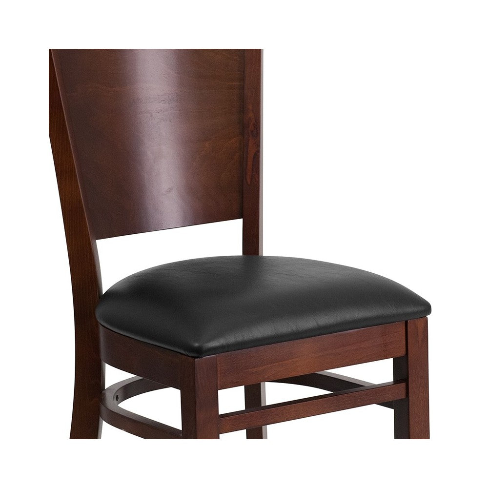 Lacey Series Solid Back Walnut Wood Restaurant Chair - Black Vinyl Seat