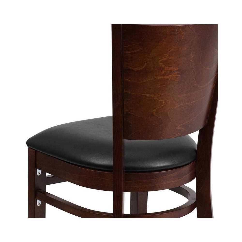 Lacey Series Solid Back Walnut Wood Restaurant Chair - Black Vinyl Seat