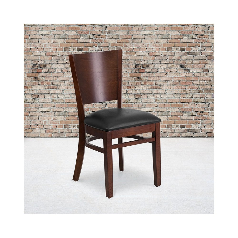 Lacey Series Solid Back Walnut Wood Restaurant Chair - Black Vinyl Seat