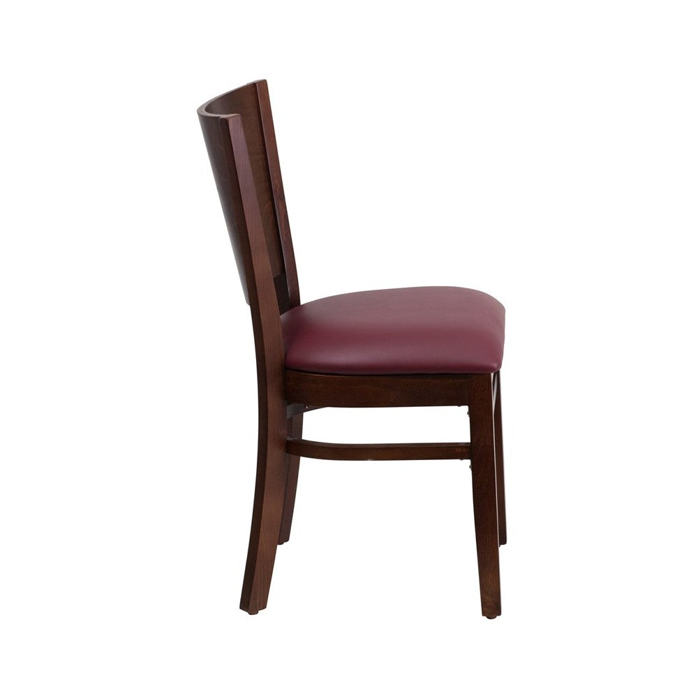 Lacey Series Solid Back Walnut Wood Restaurant Chair - Burgundy Vinyl Seat