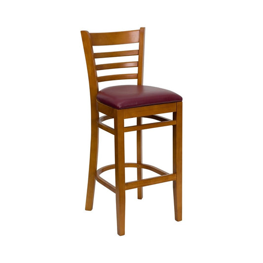 Ladder Back Cherry Wood Restaurant Barstool - Burgundy Vinyl Seat