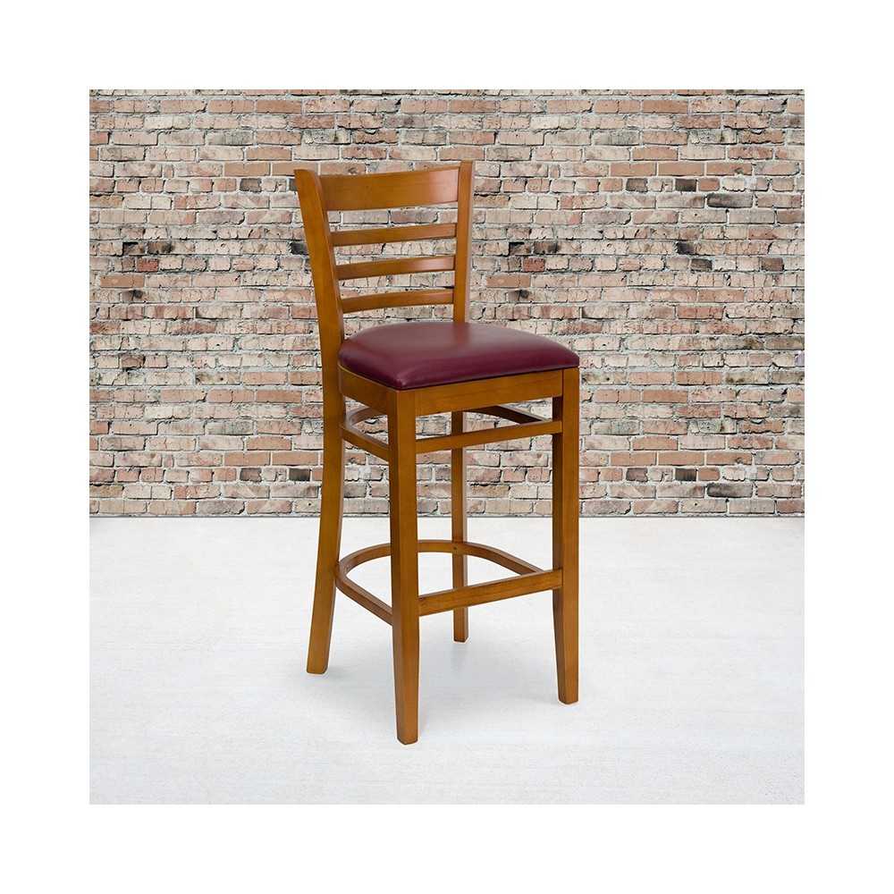 Ladder Back Cherry Wood Restaurant Barstool - Burgundy Vinyl Seat