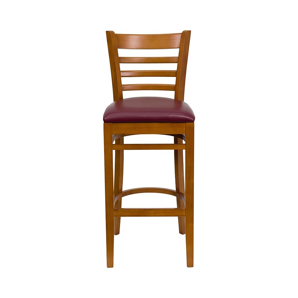 Ladder Back Cherry Wood Restaurant Barstool - Burgundy Vinyl Seat