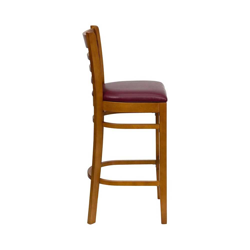 Ladder Back Cherry Wood Restaurant Barstool - Burgundy Vinyl Seat