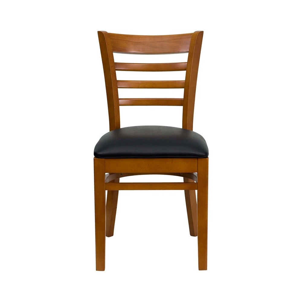 Ladder Back Cherry Wood Restaurant Chair - Black Vinyl Seat