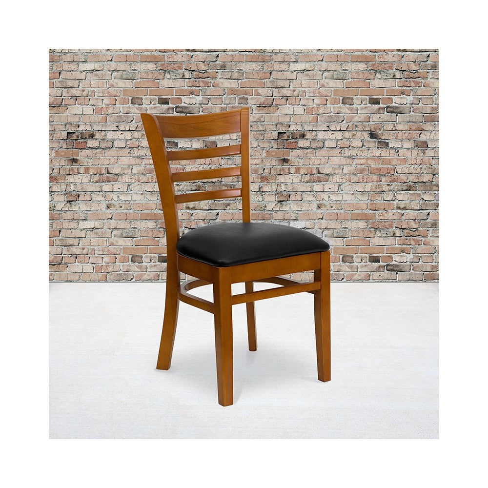 Ladder Back Cherry Wood Restaurant Chair - Black Vinyl Seat