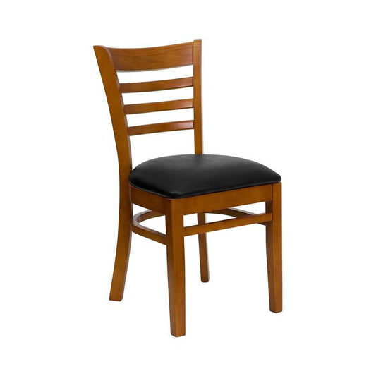 Ladder Back Cherry Wood Restaurant Chair - Black Vinyl Seat