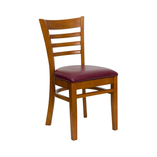Ladder Back Cherry Wood Restaurant Chair - Burgundy Vinyl Seat