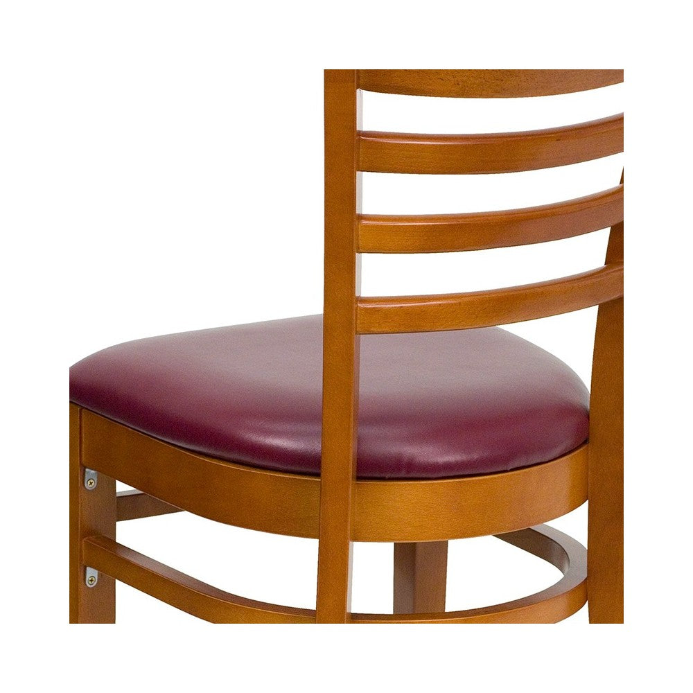 Ladder Back Cherry Wood Restaurant Chair - Burgundy Vinyl Seat