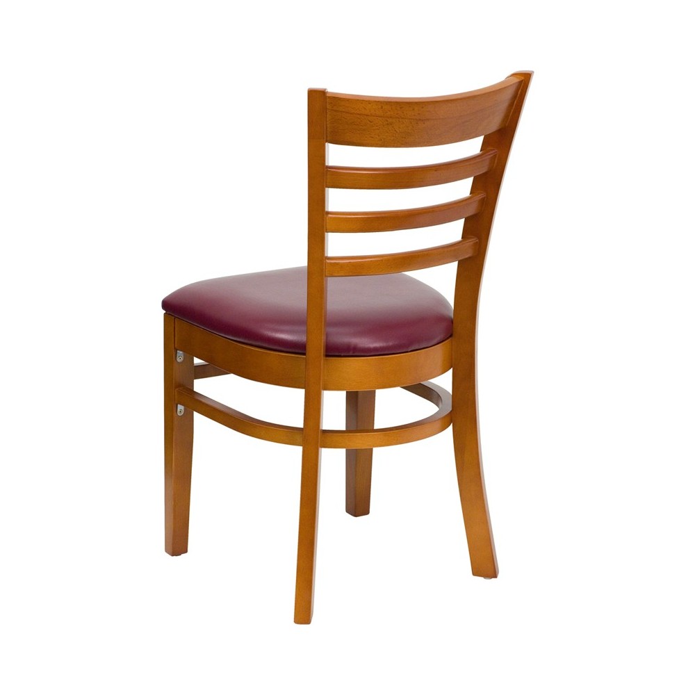 Ladder Back Cherry Wood Restaurant Chair - Burgundy Vinyl Seat