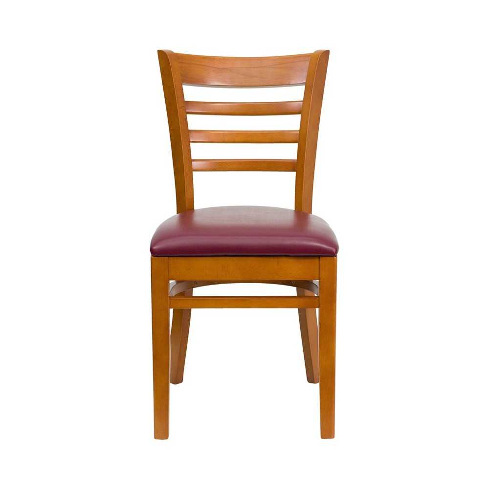 Ladder Back Cherry Wood Restaurant Chair - Burgundy Vinyl Seat