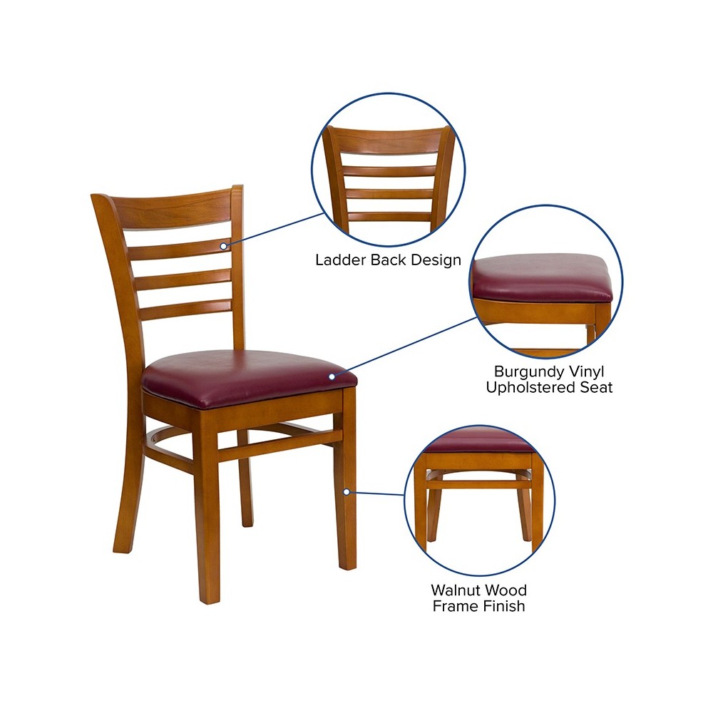 Ladder Back Cherry Wood Restaurant Chair - Burgundy Vinyl Seat