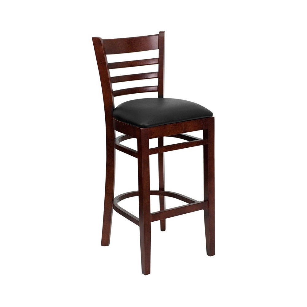 Ladder Back Mahogany Wood Restaurant Barstool - Black Vinyl Seat
