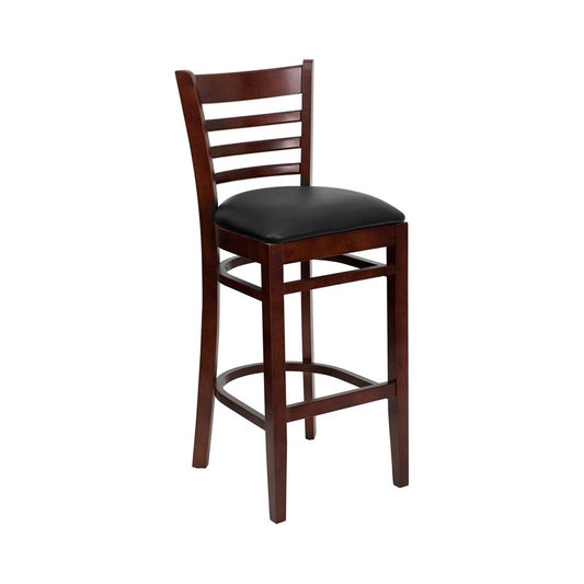 Ladder Back Mahogany Wood Restaurant Barstool - Black Vinyl Seat