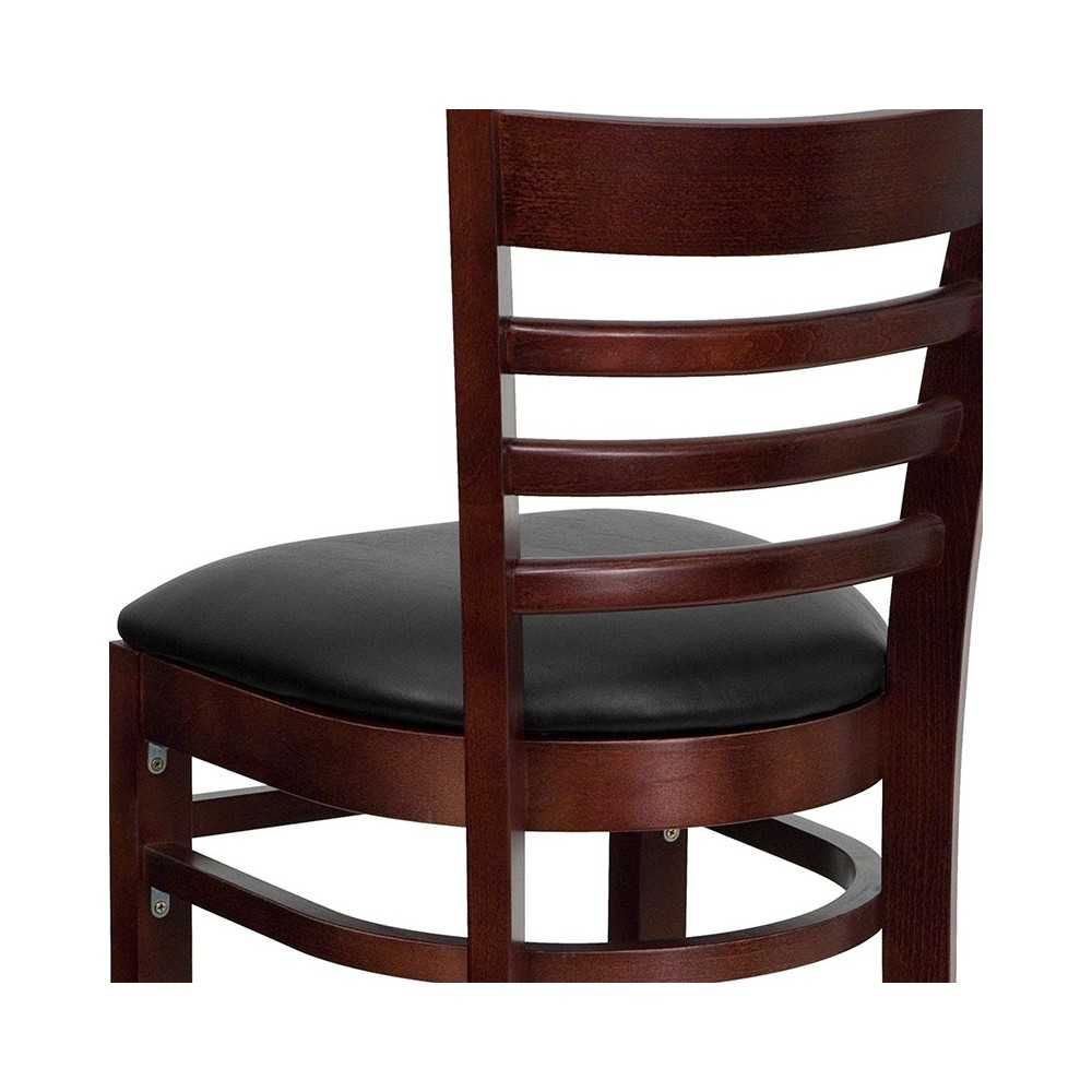 Ladder Back Mahogany Wood Restaurant Barstool - Black Vinyl Seat
