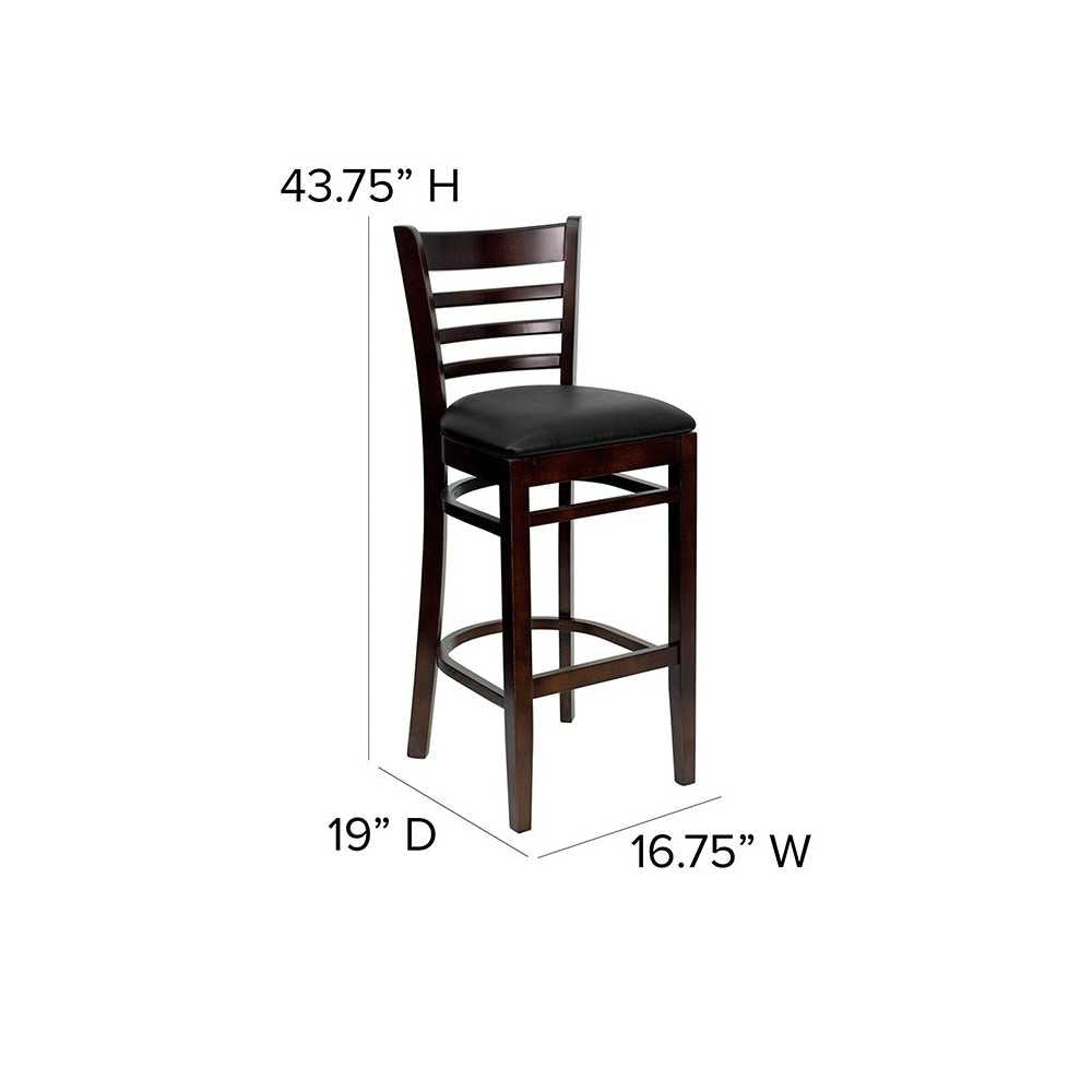 Ladder Back Mahogany Wood Restaurant Barstool - Black Vinyl Seat