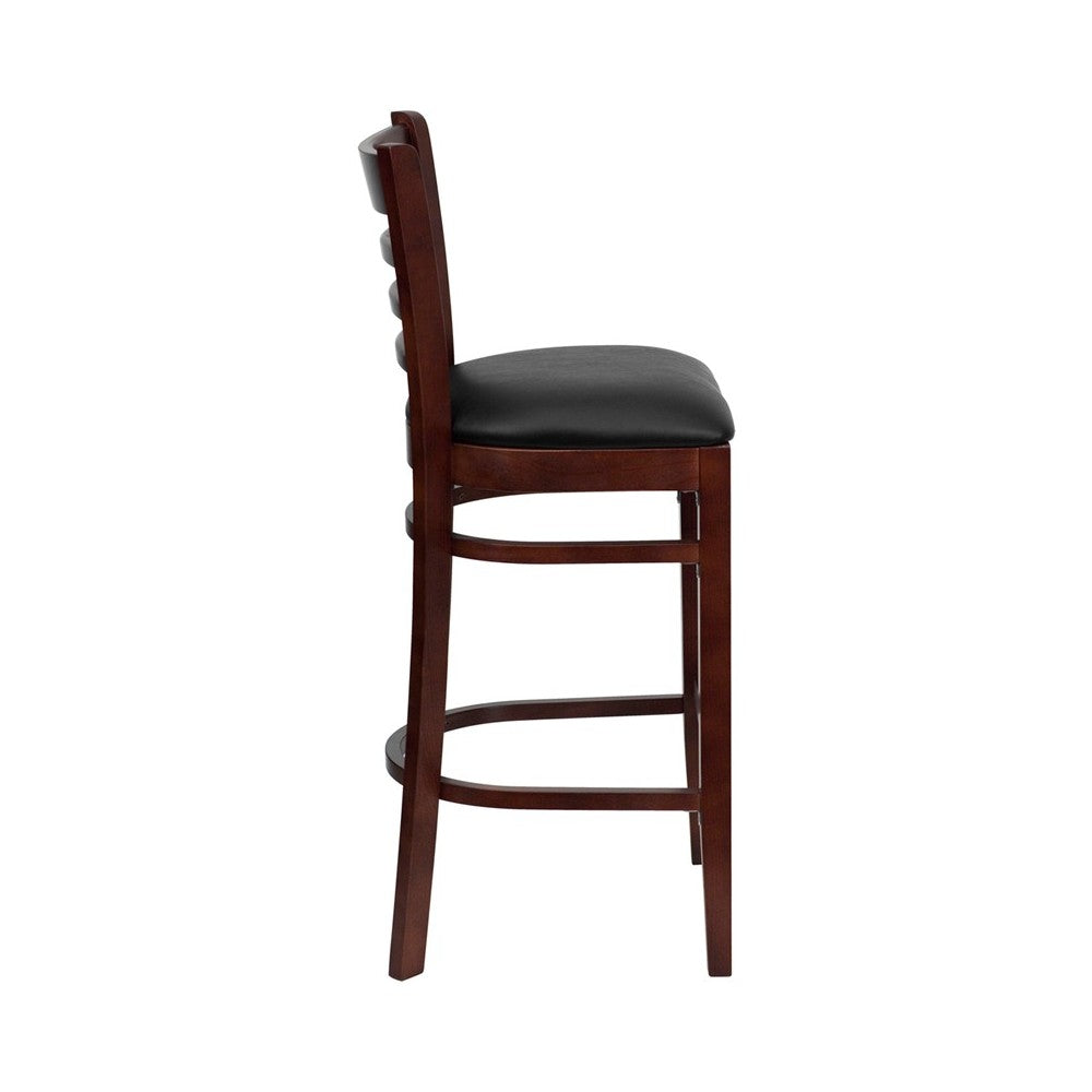 Ladder Back Mahogany Wood Restaurant Barstool - Black Vinyl Seat