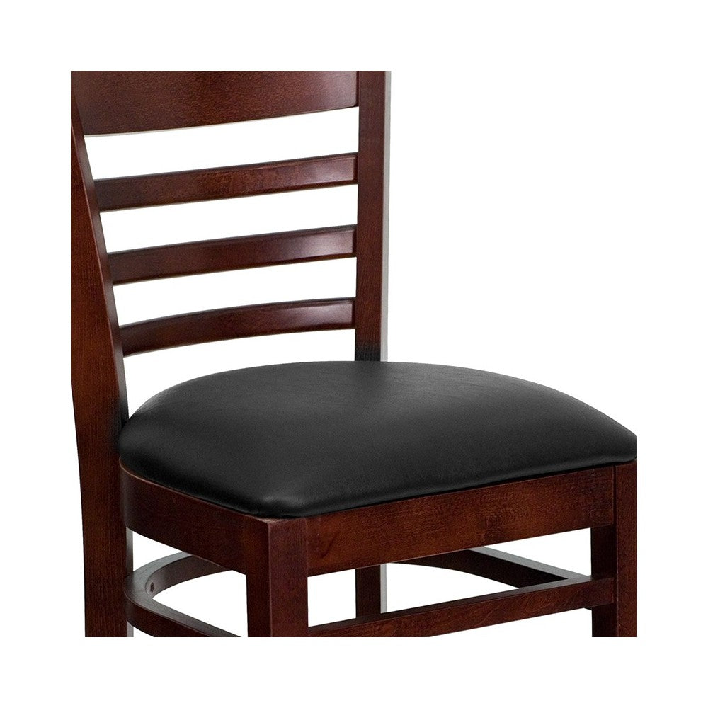 Ladder Back Mahogany Wood Restaurant Barstool - Black Vinyl Seat