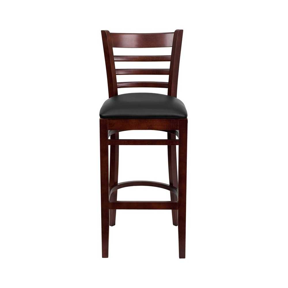 Ladder Back Mahogany Wood Restaurant Barstool - Black Vinyl Seat