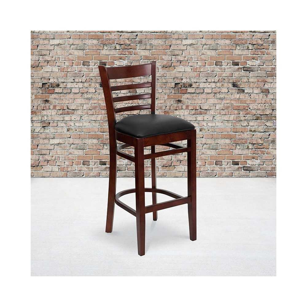 Ladder Back Mahogany Wood Restaurant Barstool - Black Vinyl Seat