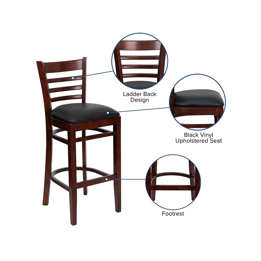 Ladder Back Mahogany Wood Restaurant Barstool - Black Vinyl Seat
