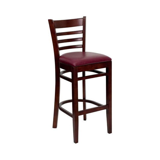 Ladder Back Mahogany Wood Restaurant Barstool - Burgundy Vinyl Seat