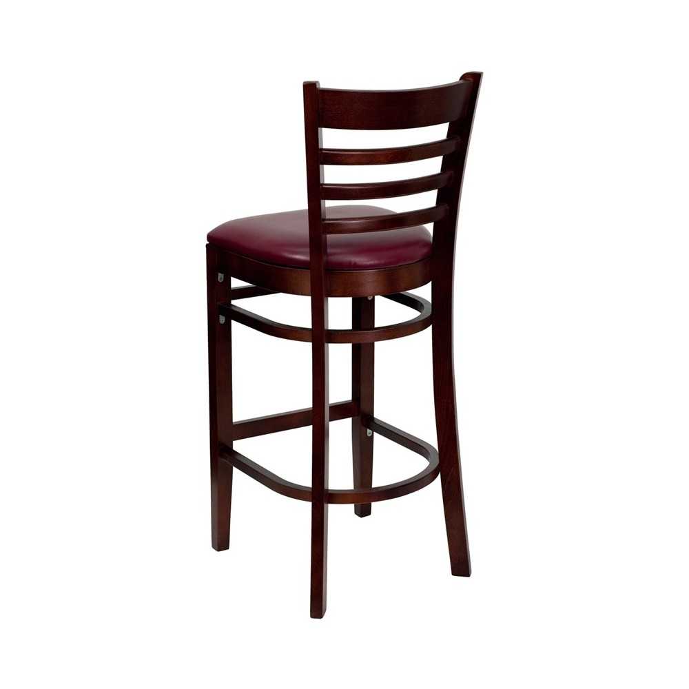 Ladder Back Mahogany Wood Restaurant Barstool - Burgundy Vinyl Seat