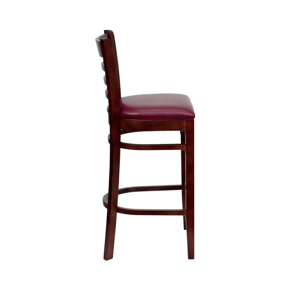 Ladder Back Mahogany Wood Restaurant Barstool - Burgundy Vinyl Seat
