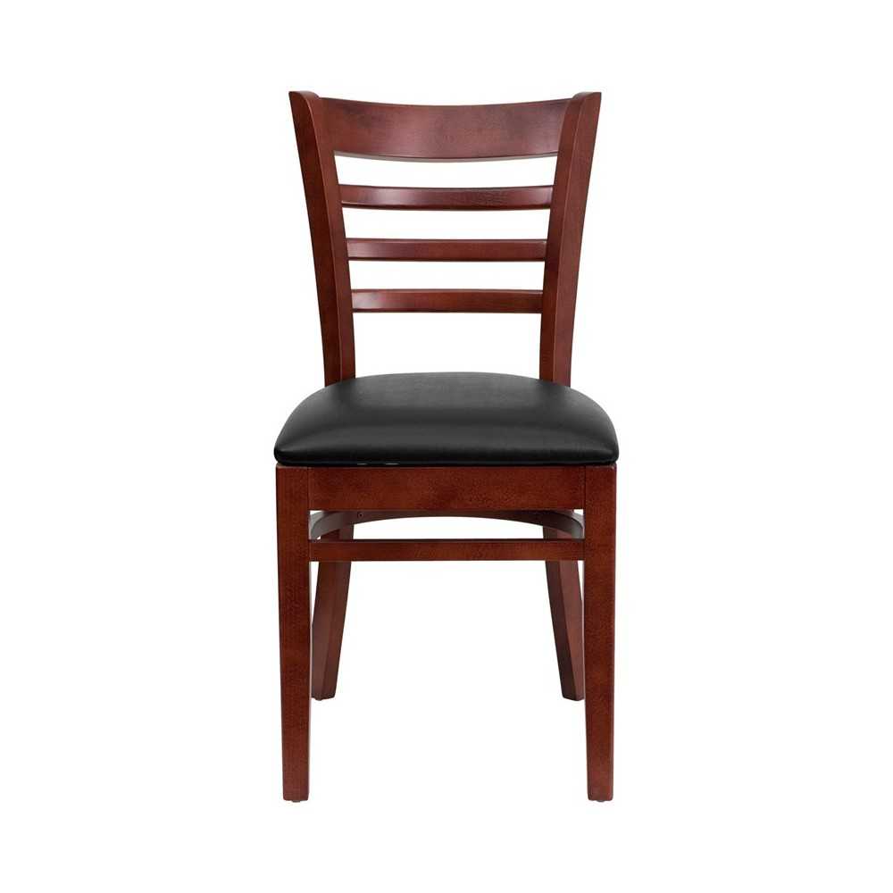 Ladder Back Mahogany Wood Restaurant Chair - Black Vinyl Seat