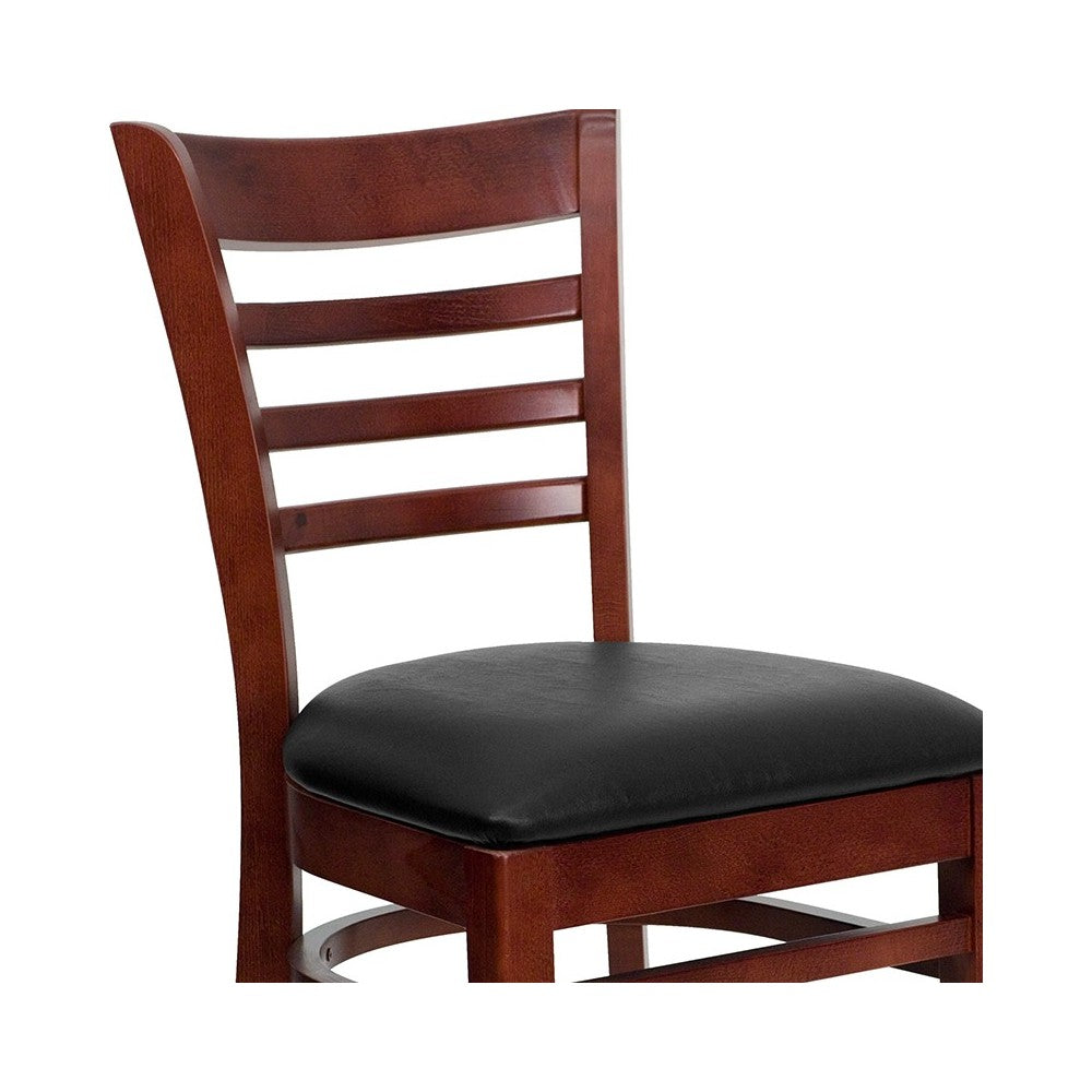 Ladder Back Mahogany Wood Restaurant Chair - Black Vinyl Seat