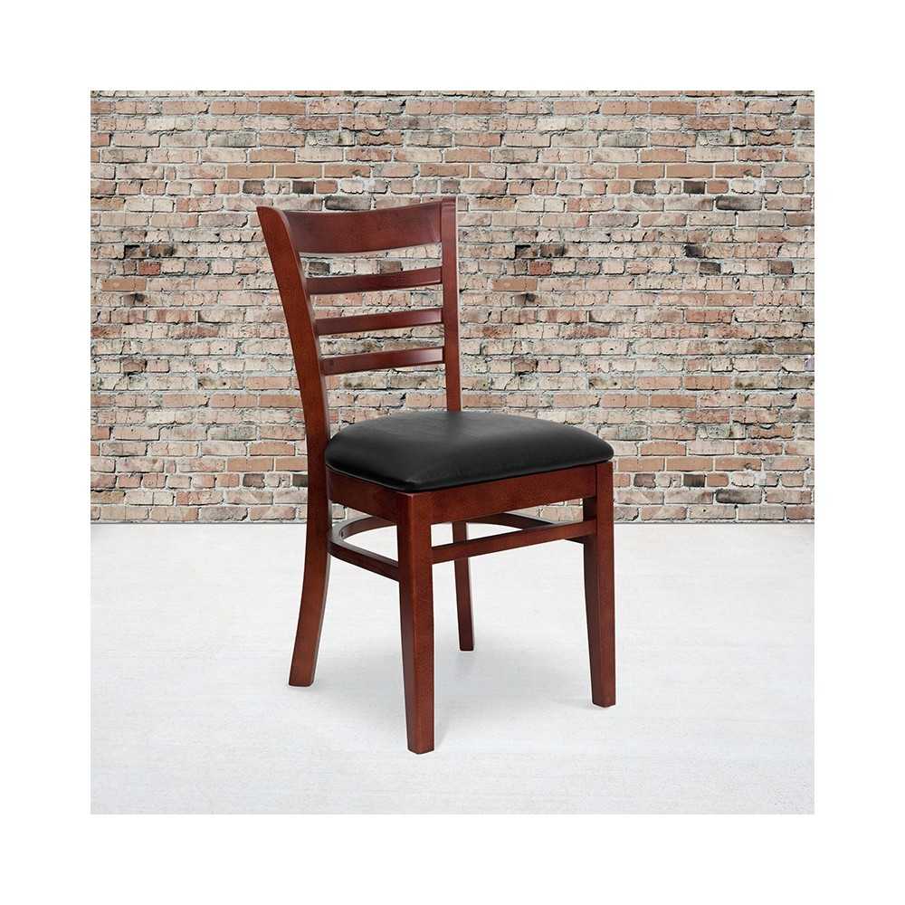 Ladder Back Mahogany Wood Restaurant Chair - Black Vinyl Seat