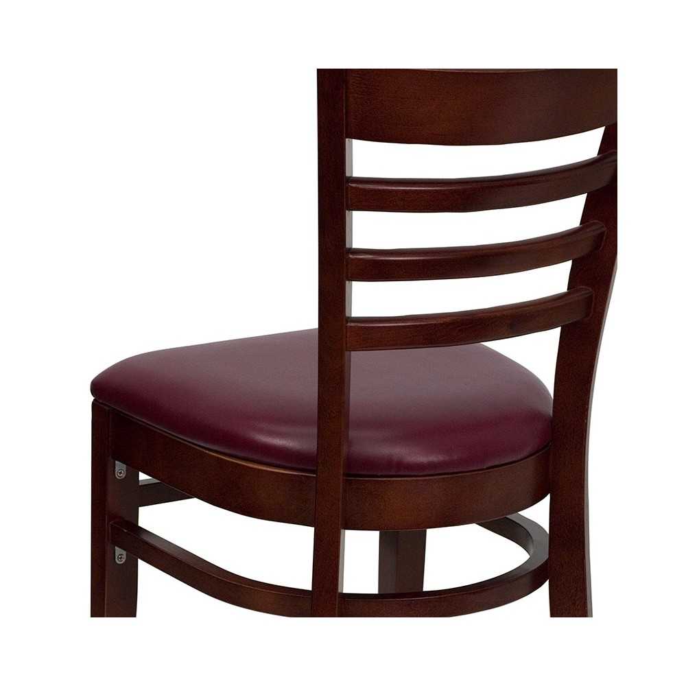 Ladder Back Mahogany Wood Restaurant Chair - Burgundy Vinyl Seat