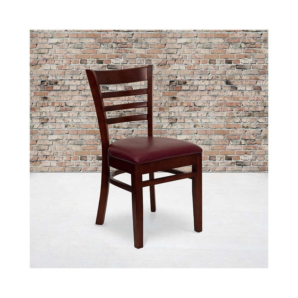 Ladder Back Mahogany Wood Restaurant Chair - Burgundy Vinyl Seat