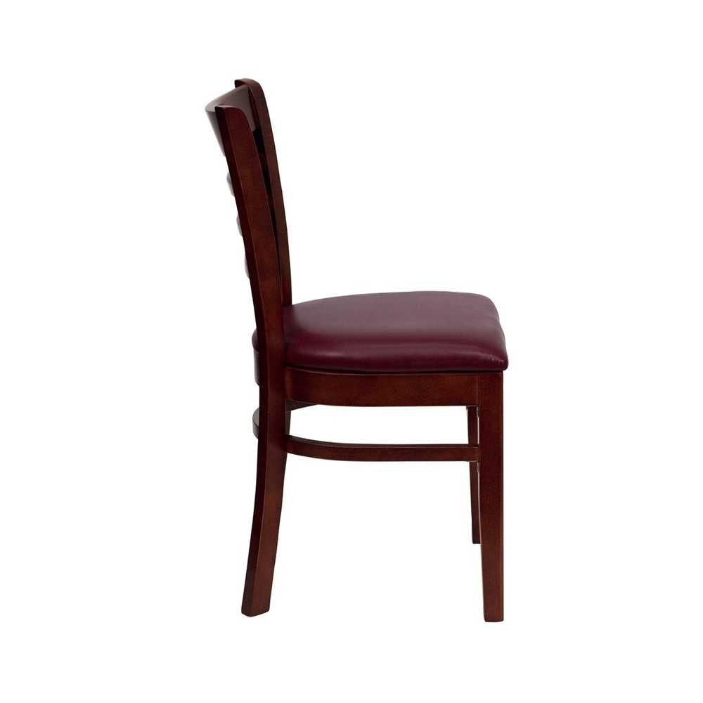 Ladder Back Mahogany Wood Restaurant Chair - Burgundy Vinyl Seat