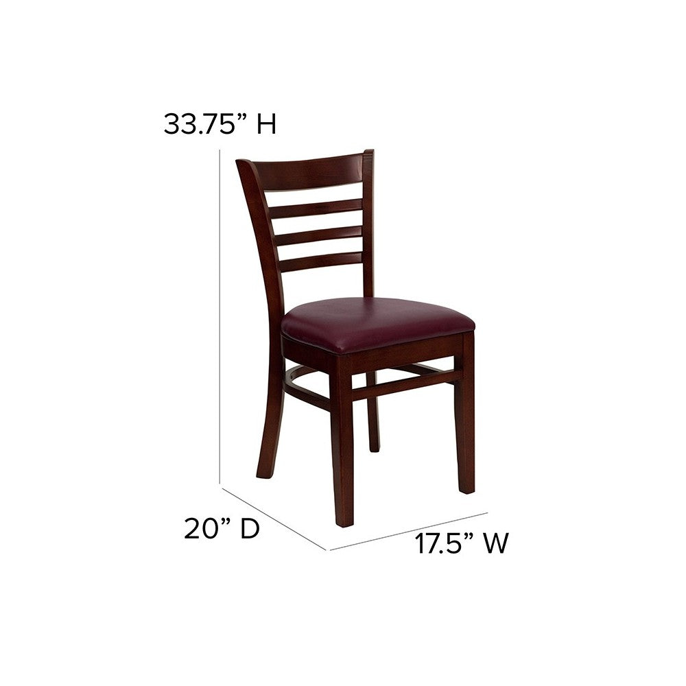 Ladder Back Mahogany Wood Restaurant Chair - Burgundy Vinyl Seat