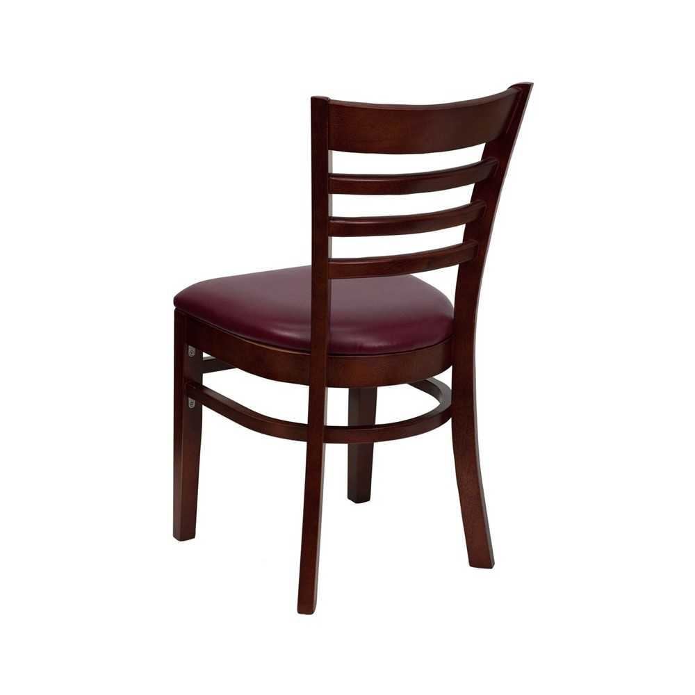 Ladder Back Mahogany Wood Restaurant Chair - Burgundy Vinyl Seat