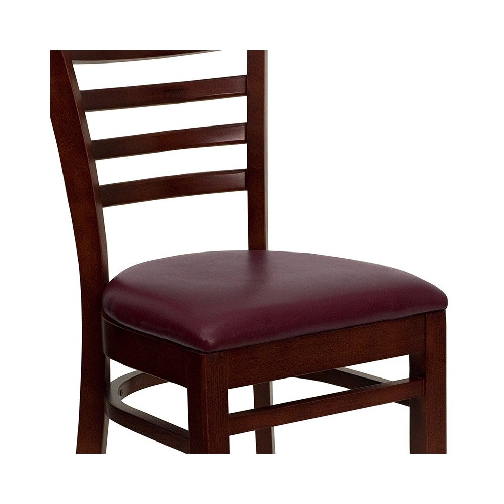 Ladder Back Mahogany Wood Restaurant Chair - Burgundy Vinyl Seat