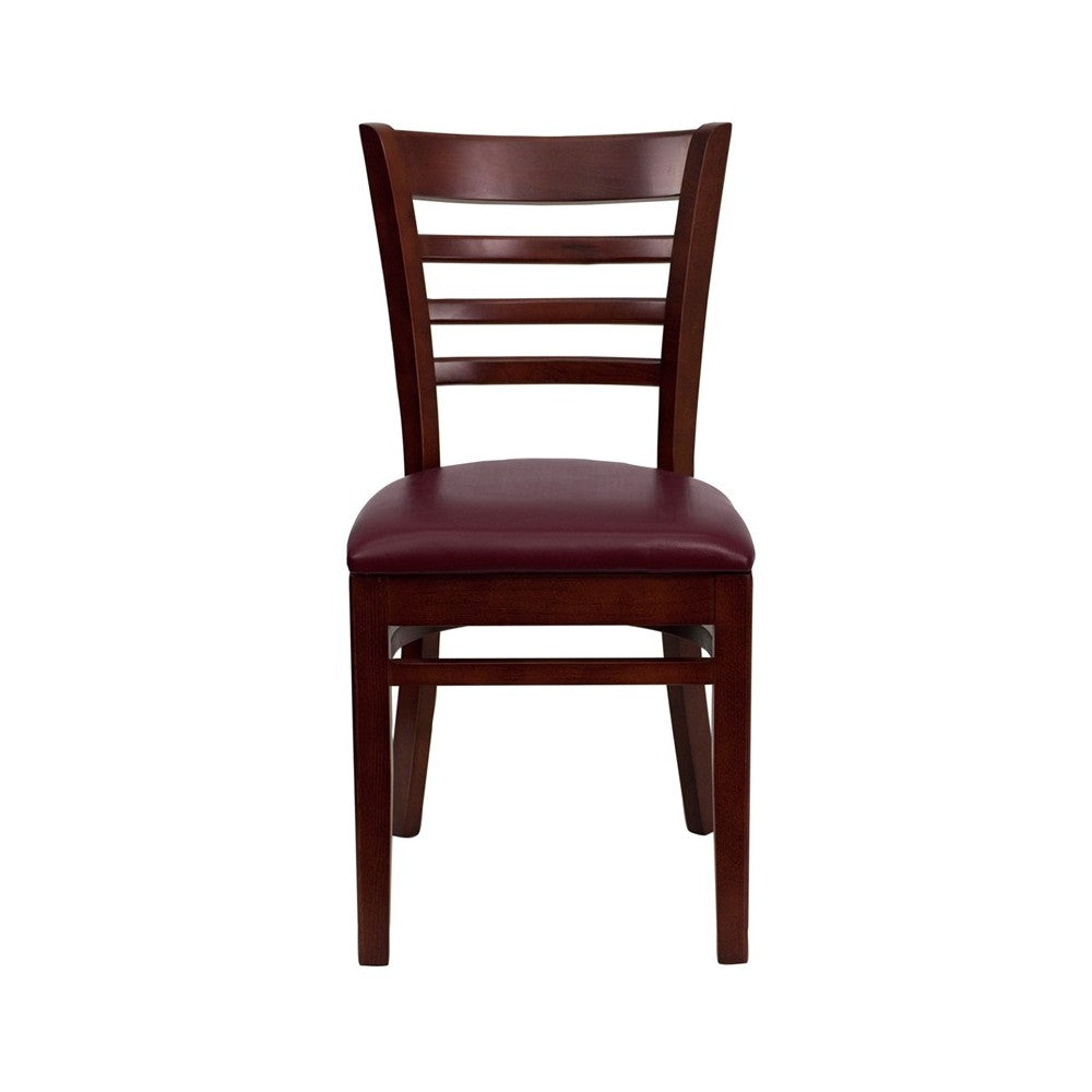 Ladder Back Mahogany Wood Restaurant Chair - Burgundy Vinyl Seat