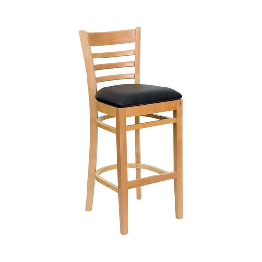 Ladder Back Natural Wood Restaurant Barstool - Black Vinyl Seat