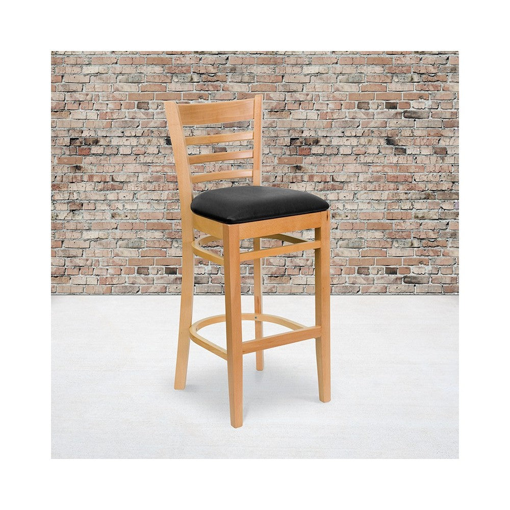 Ladder Back Natural Wood Restaurant Barstool - Black Vinyl Seat