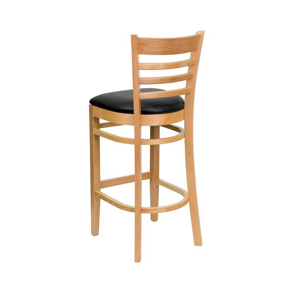Ladder Back Natural Wood Restaurant Barstool - Black Vinyl Seat