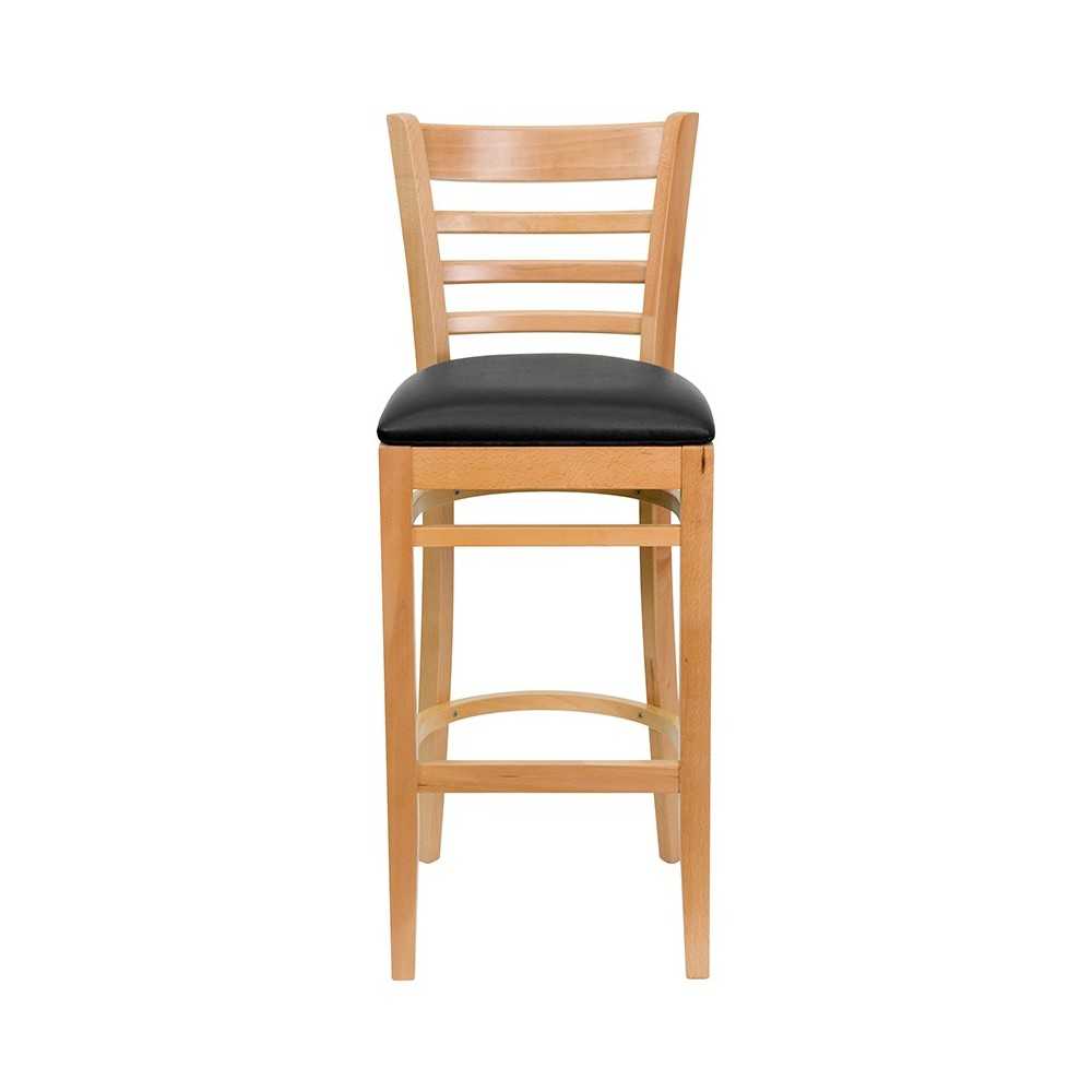 Ladder Back Natural Wood Restaurant Barstool - Black Vinyl Seat
